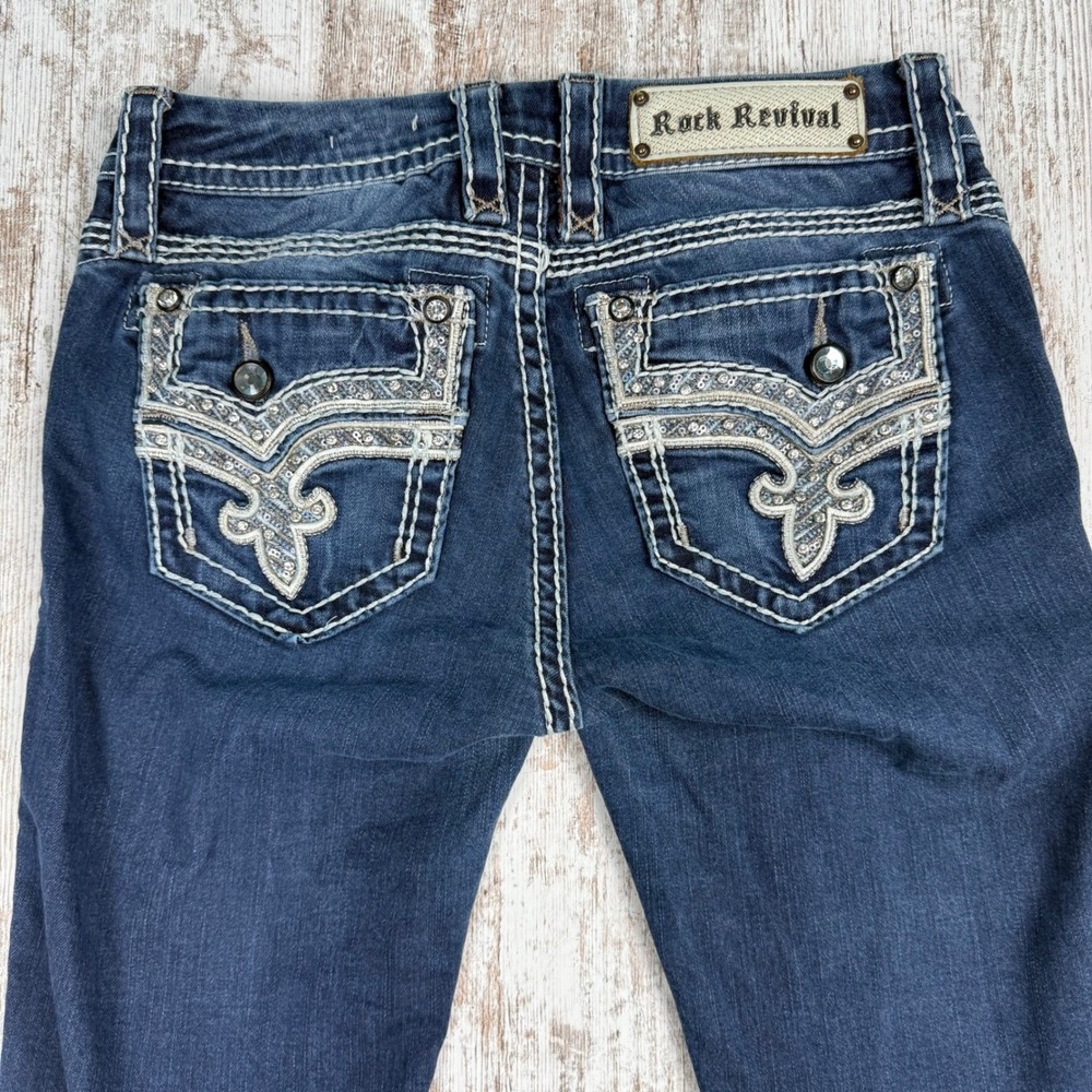 Rock Revival Betty Low Rise Bootcut Jeans Dark Wash Contrast Stitch Sz 27 Bling - Picture 9 of 13